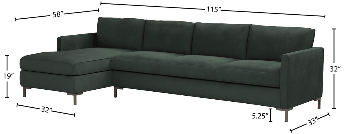 Amazon Brand – Rivet Edgewest Low Back Modern Left Sofa Chaise Sectional, 115"W, Hunter Green