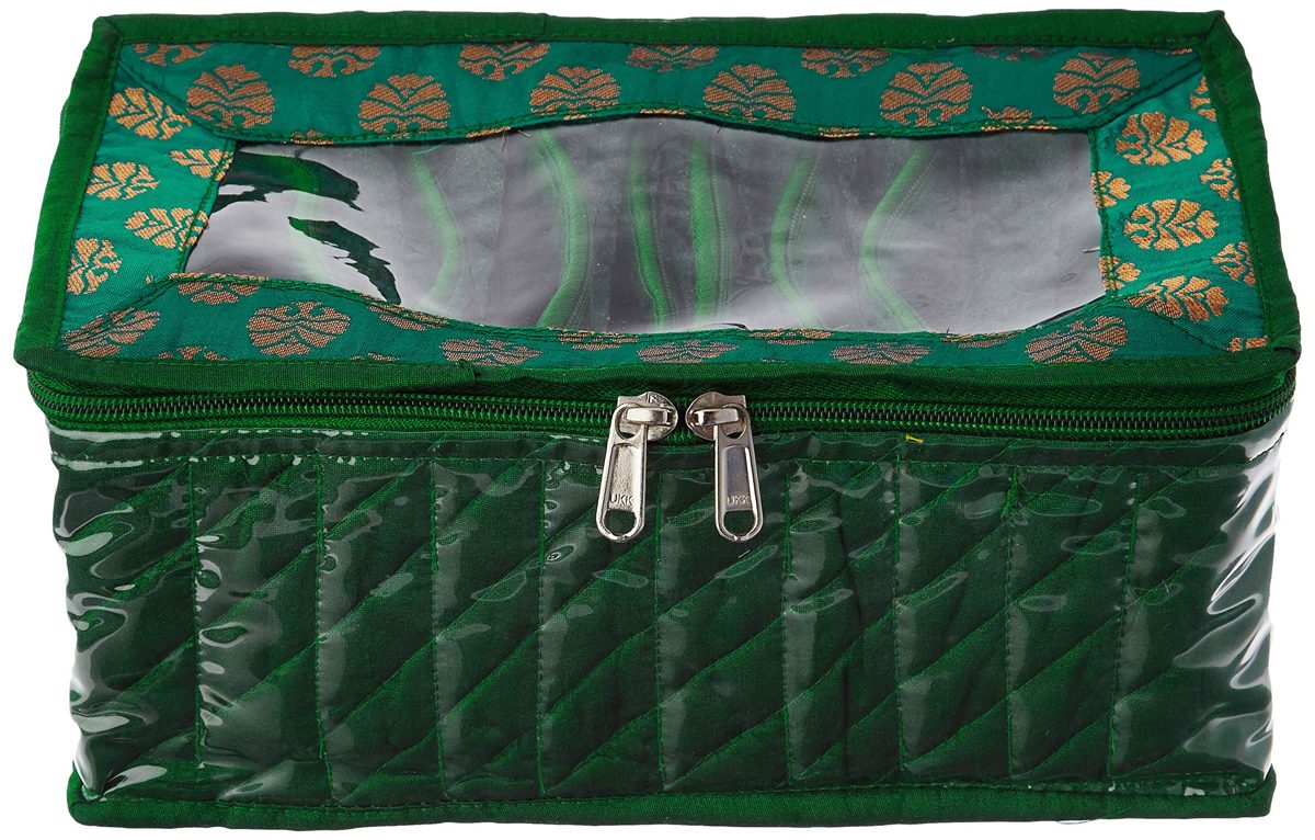 Amazon Brand - Solimo Fabric Jewellery Box with 10 Transparent Pouches, Green