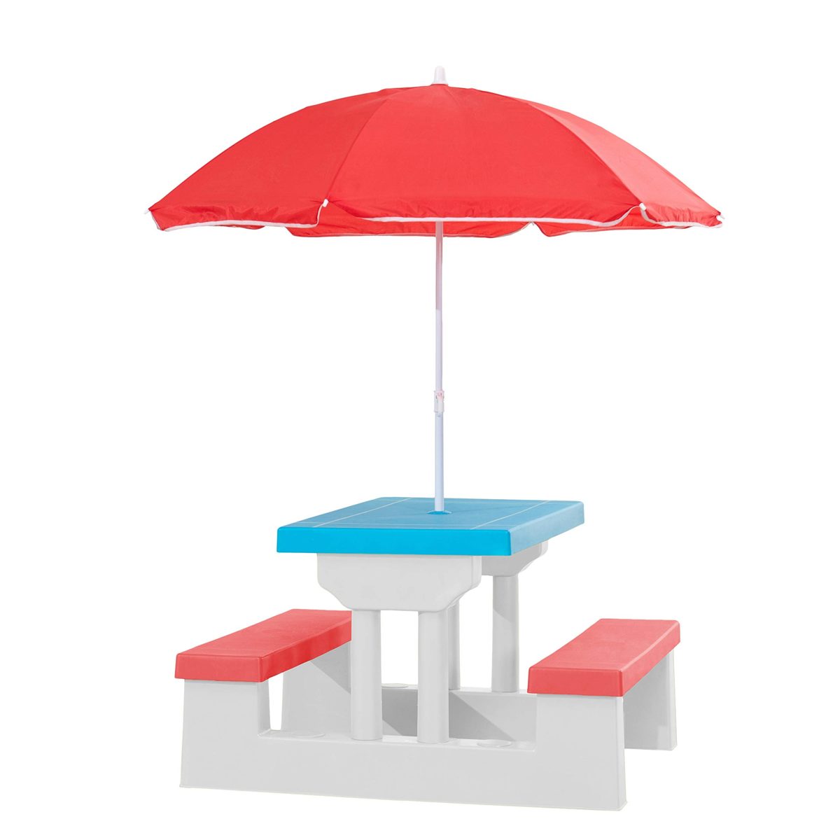 AmazonBasics Plastic Multicolored Kids Outdoor Table with Umbrella - Red/White/Blue (Renewed)