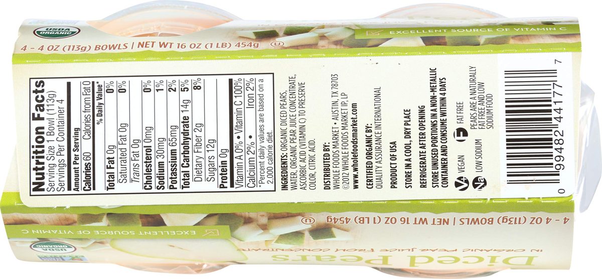 365 Everyday Value, Organic Diced Pears in Organic Pear Juice from Concentrate (4 - 4 oz bowls), 16 oz