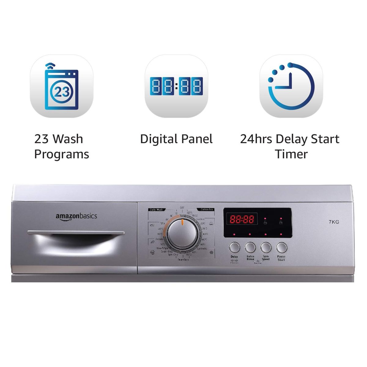 AmazonBasics 7 kg Fully-Automatic Front Load Washing Machine (Grey/Silver, In-built Heater, Self cleaning technology)