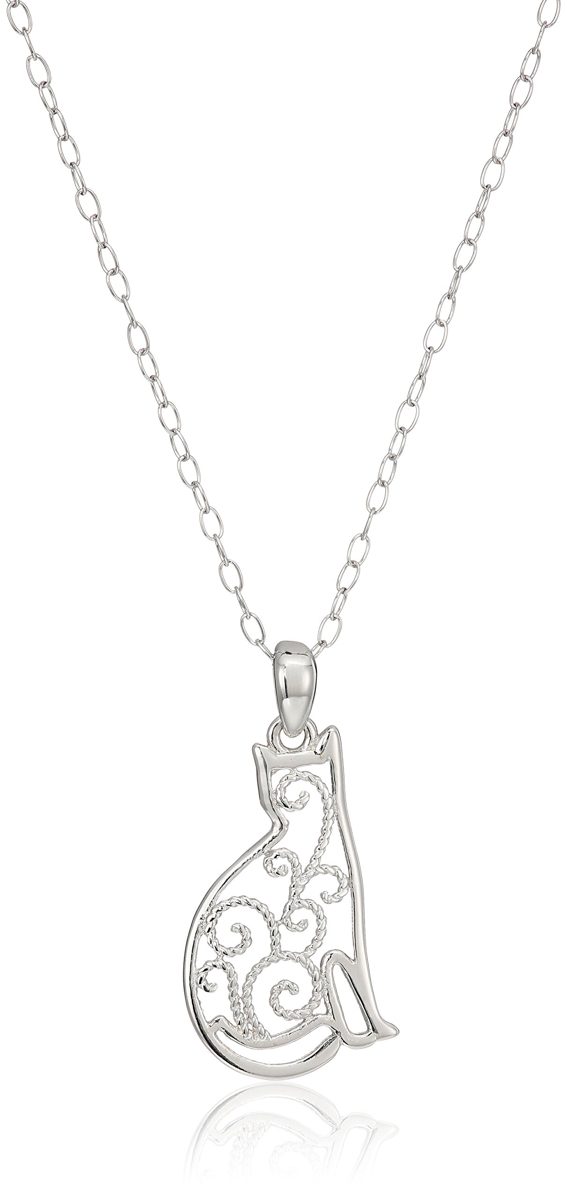 Sterling Silver Filigree Cat Pendant Necklace, 18"