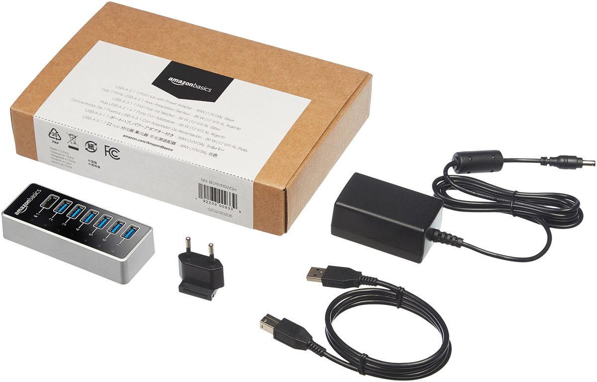 AmazonBasics USB-A 3.1 7-Port Hub with Power Adapter - 36W (12V/3A), Silver, EU