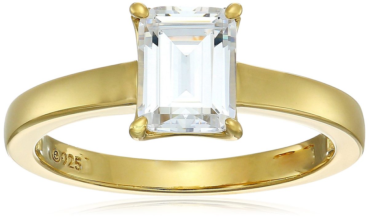 Yellow-Gold-Plated Silver Emerald-Cut Solitaire Ring made with Swarovski Zirconia, Size 7