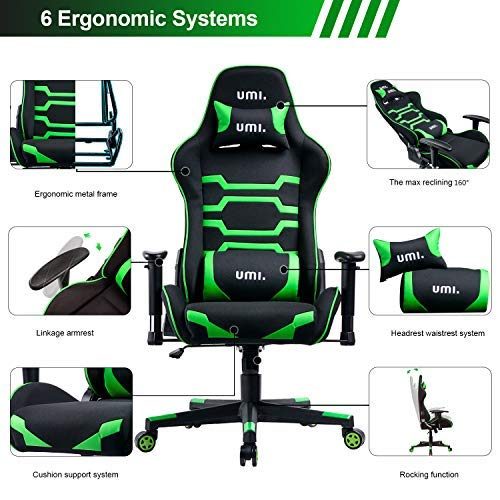 UMI. Essentials Gaming Ergonomic Computer Chair Height-Adjustable Headrest and Lumbar Support (Green)