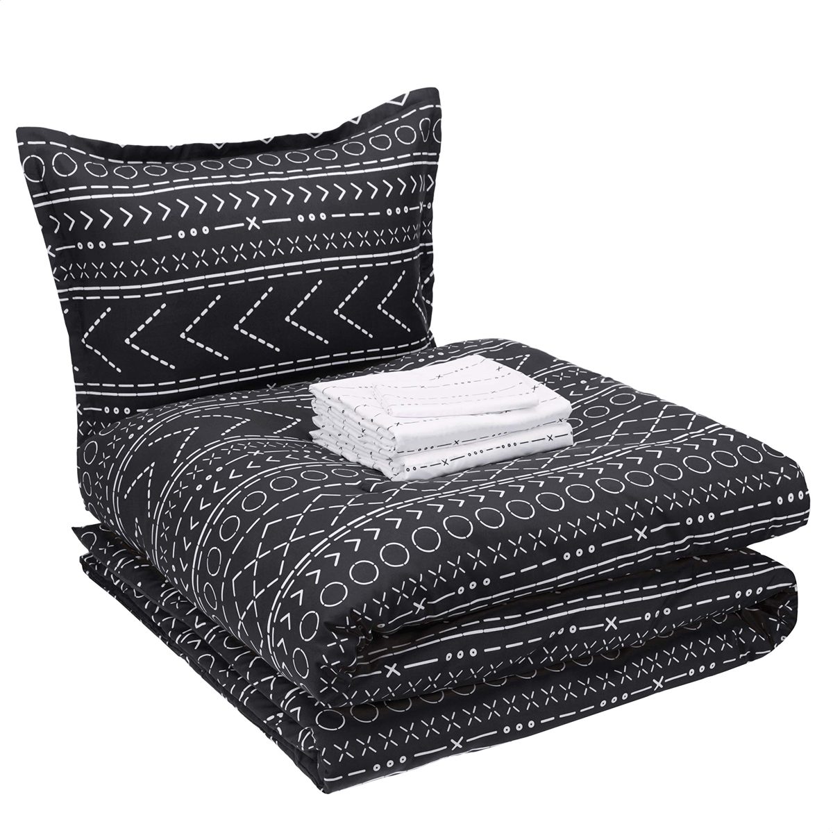 AmazonBasics College Dorm Bed-in-a-Bag with Elastic Storage Pockets - Twin/Twin XL, Black Dotted Stripe