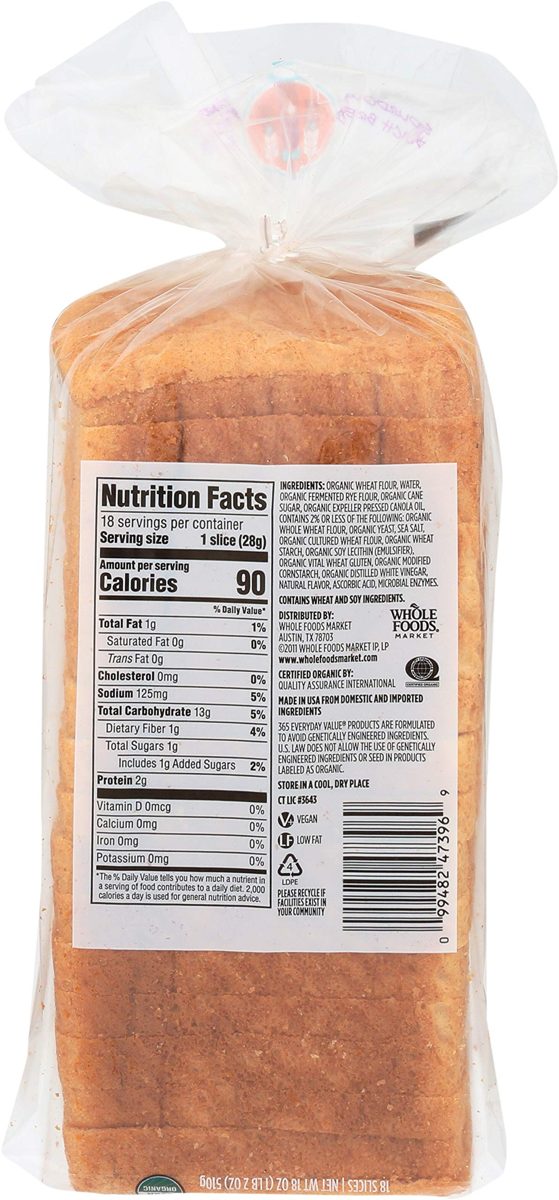 365 Everyday Value, Bread Sandwich Sourdough Organic, 18 Ounce
