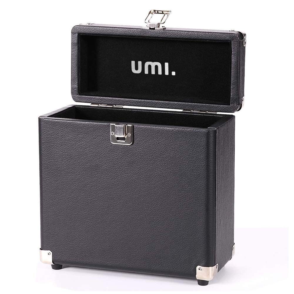 Umi Vinyl Record Storage Box and Holder, Portable Retro Record Album Storage Case For 25+ Albums, Vinyl Records Collections Storage Organizer Display Box - 7 Inch (Black)