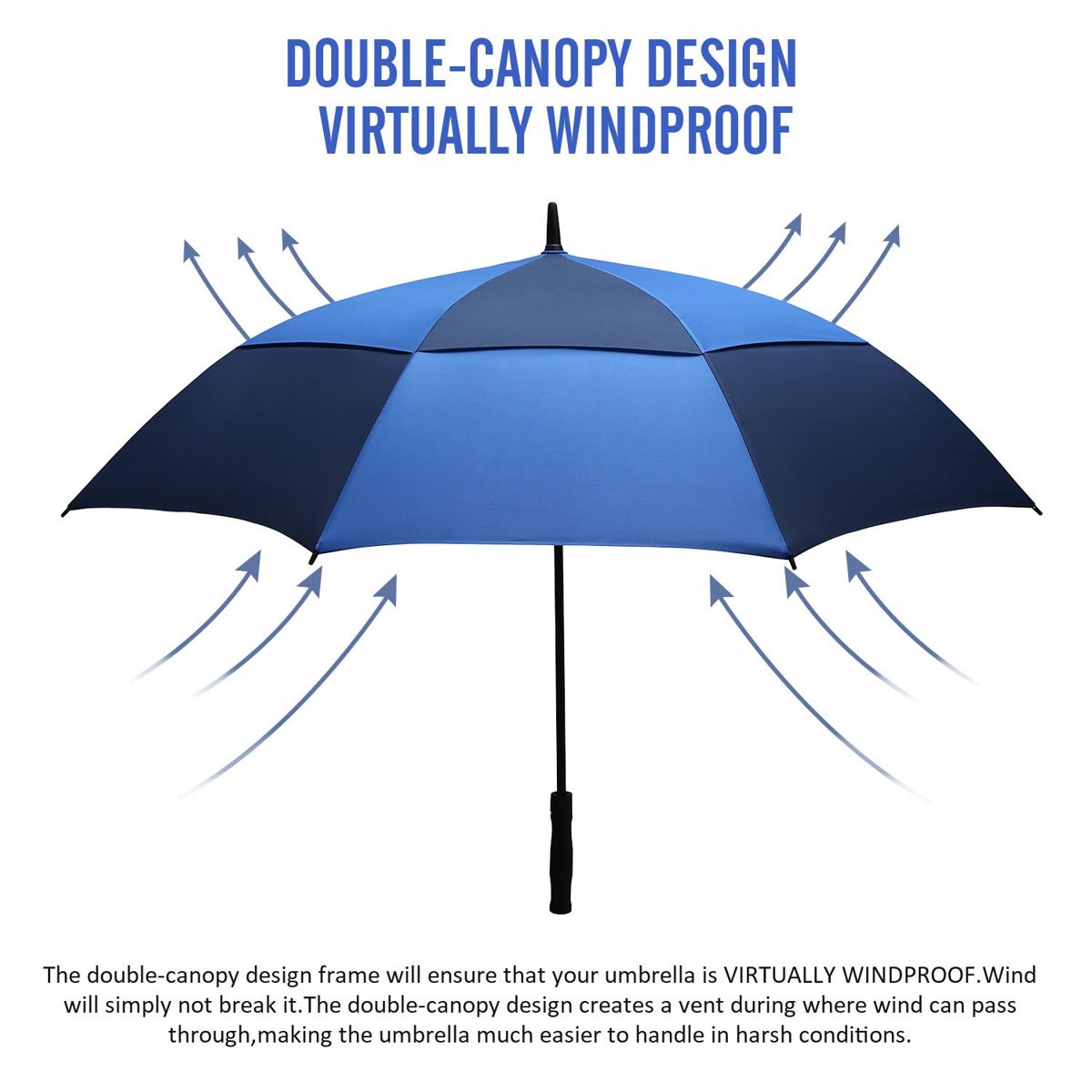 Eono by Amazon - Golf Umbrella 62 Inch Large Oversize Double Canopy Vented Windproof Waterproof Automatic Open Stick Umbrellas for Men and Women Navy/Royal Blue