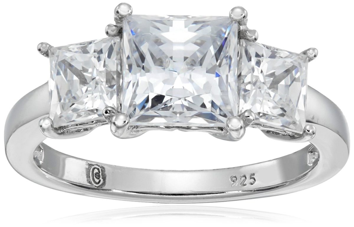Platinum-Plated Sterling Silver Princess-Cut 3-Stone Ring made with Swarovski Zirconia (3 cttw), Size 7