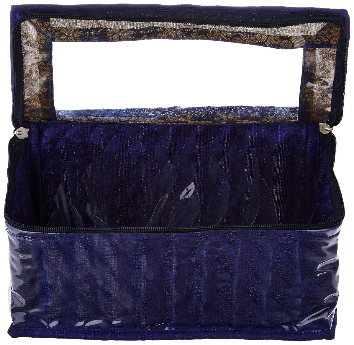 Amazon Brand - Solimo Fabric Jewellery Box with 10 Transparent Pouches, Blue