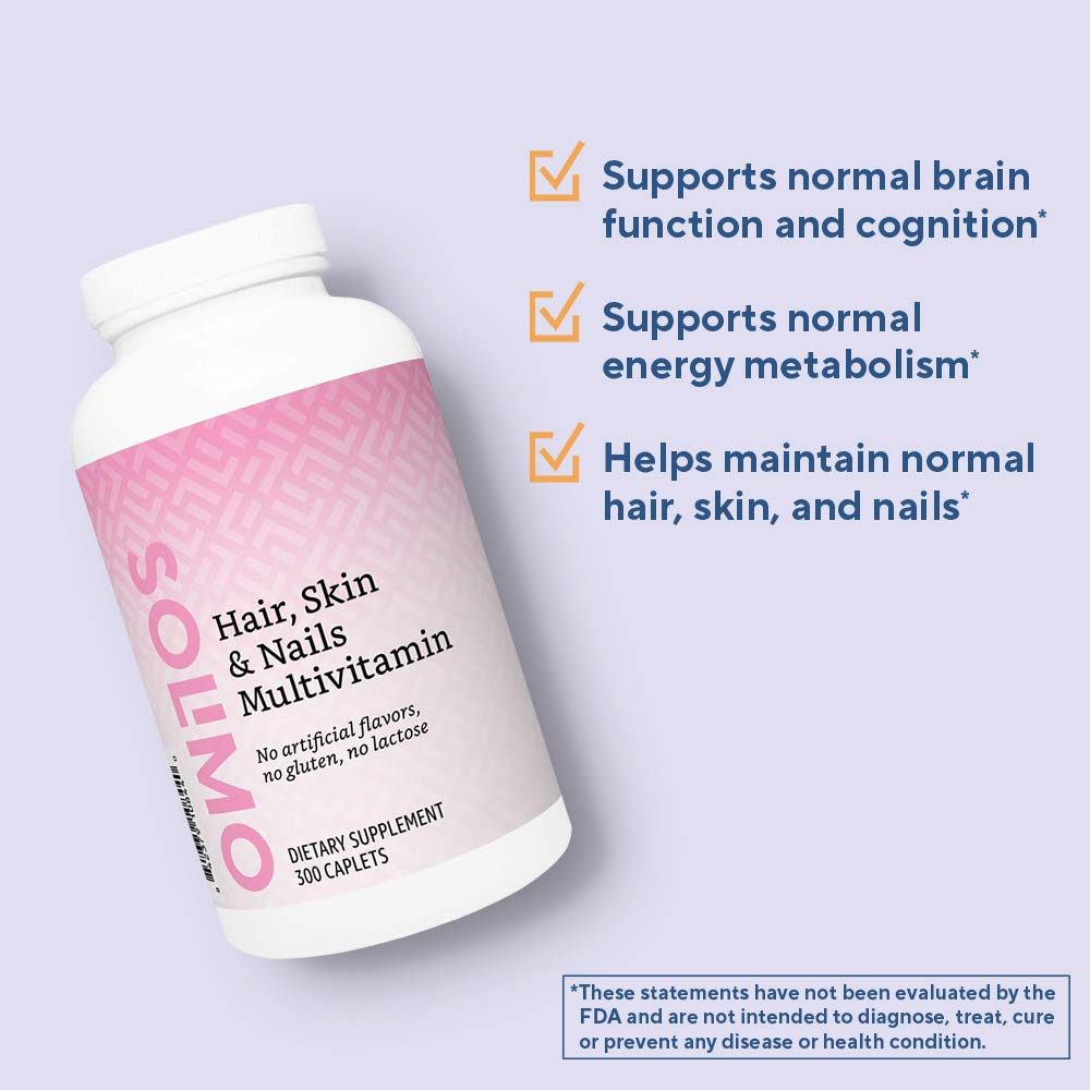 Amazon Brand - Solimo Hair, Skin & Nails Multivitamin, Biotin 3000 mcg per Serving (2 Caplets), 300 Caplets, Value Size