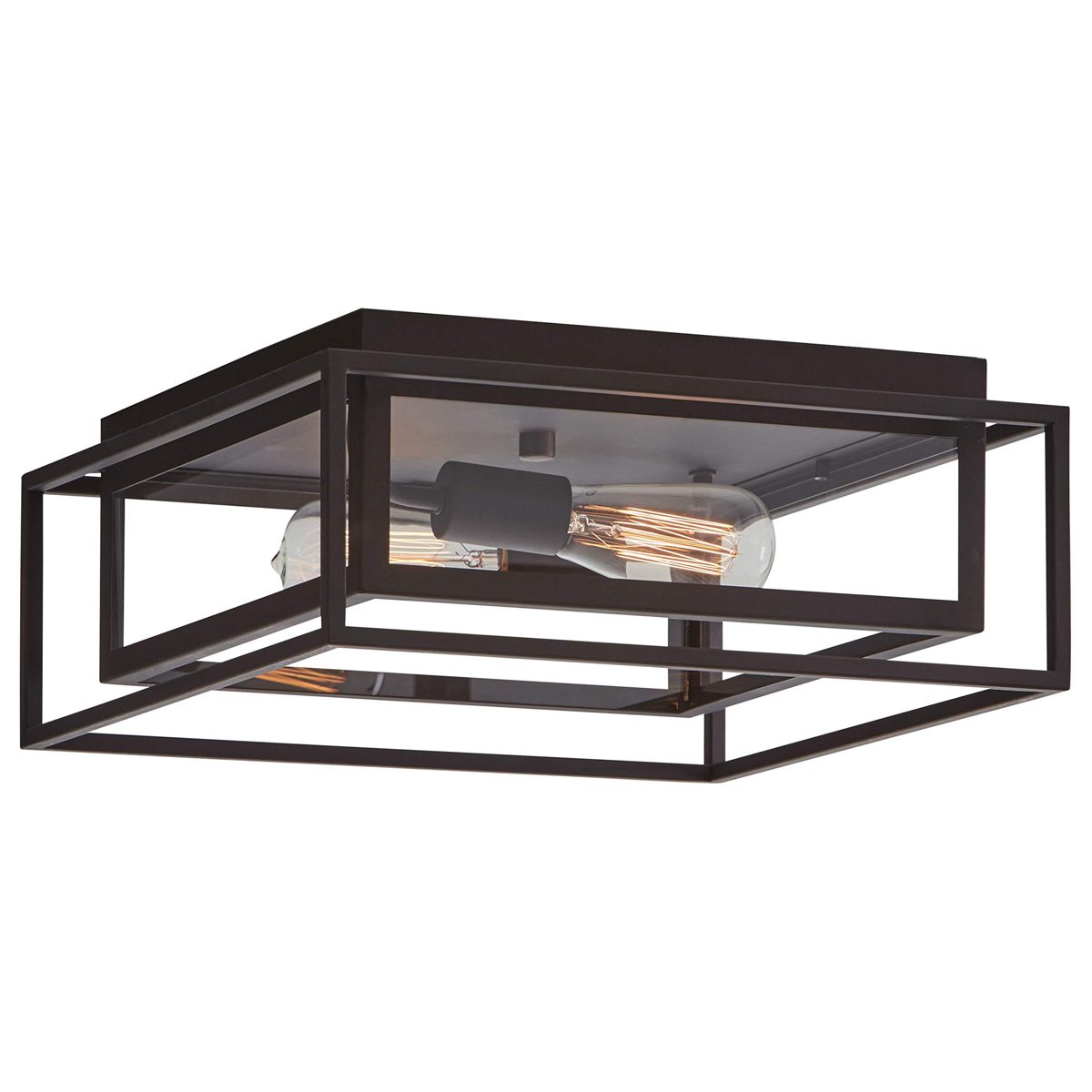Amazon Brand – Stone & Beam Industrial Rectangle Cage Flush Mount Exterior Ceiling Fixture With 2 Light Bulbs - 15.25 x 15.25 x 6.5 Inches, Oil-Rubbed Bronze