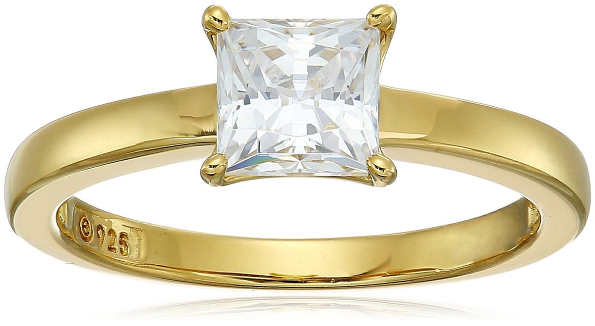 Yellow-Gold Plated Sterling Silver Princess-Cut Solitaire Ring made with Swarovski Zirconia (1 cttw), Size 6
