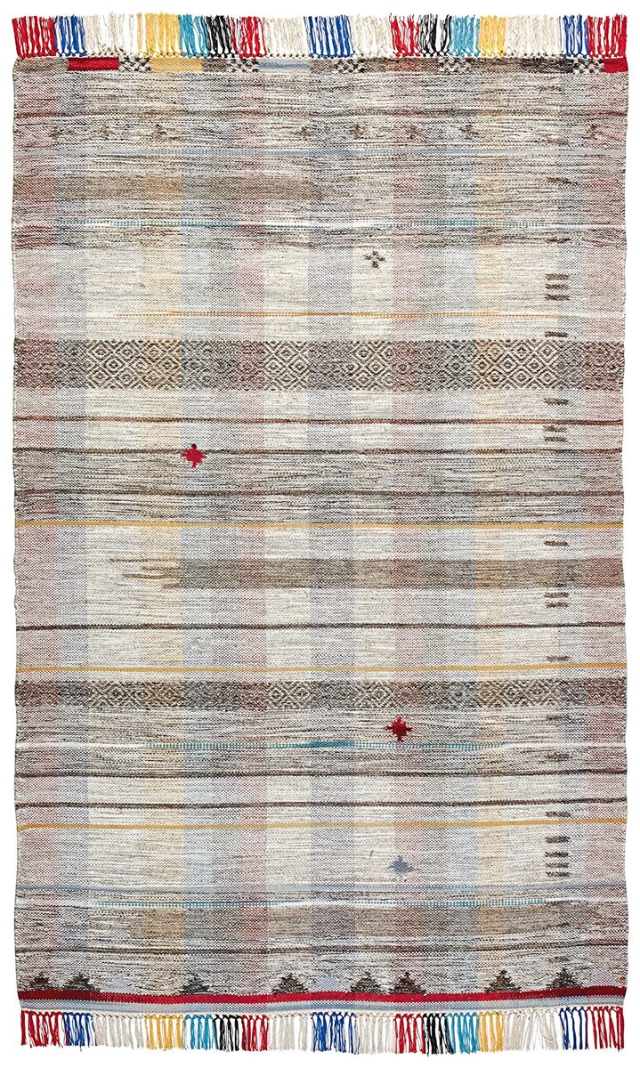 Amazon Brand – Stone & Beam Contemporary Boho Colorful Fringe Wool Area Rug, 5 x 8 Foot, Tan Multi