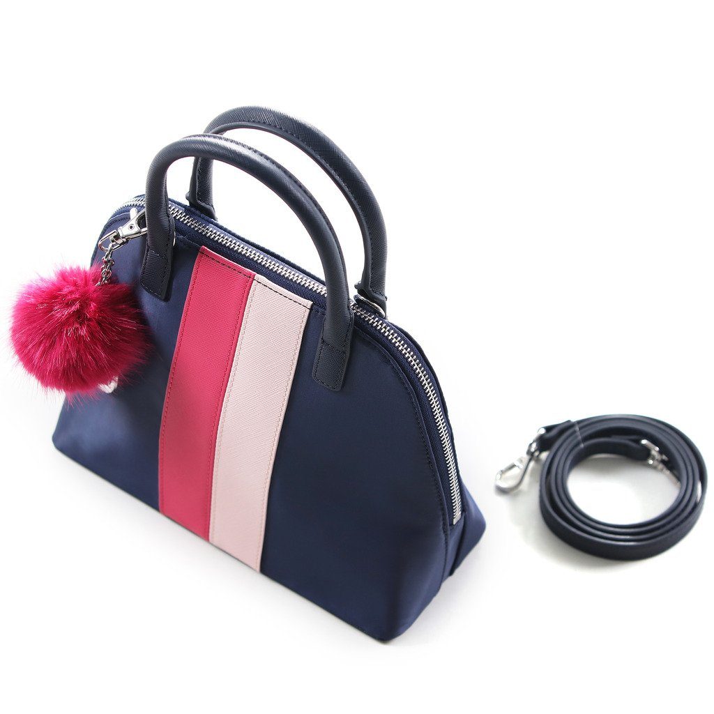 The Lovely Tote Co. Women's Contrast-Stripe Nylon Top Handle Bowler with Faux-Fur Pom Charm,
