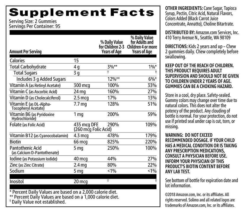 Amazon Brand - Solimo Kids' Multivitamin, 190 Gummies (2 Gummies per Serving)