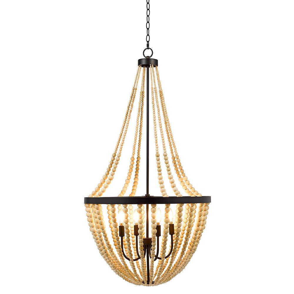 Amazon Brand – Stone & Beam Modern Farmhouse Wood Bead Chandelier Ceiling Fixture With 4 LED Light Bulbs - 24 x 24 x 45.5 Inches, Natural