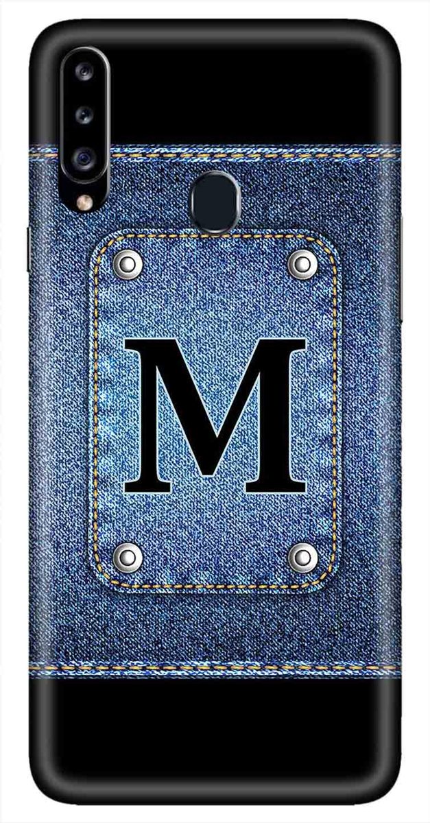 Amazon Brand - Solimo Designer Button Jeans Alphabet-M 3D Printed Hard Back Case Mobile Cover for Samsung Galaxy A20s