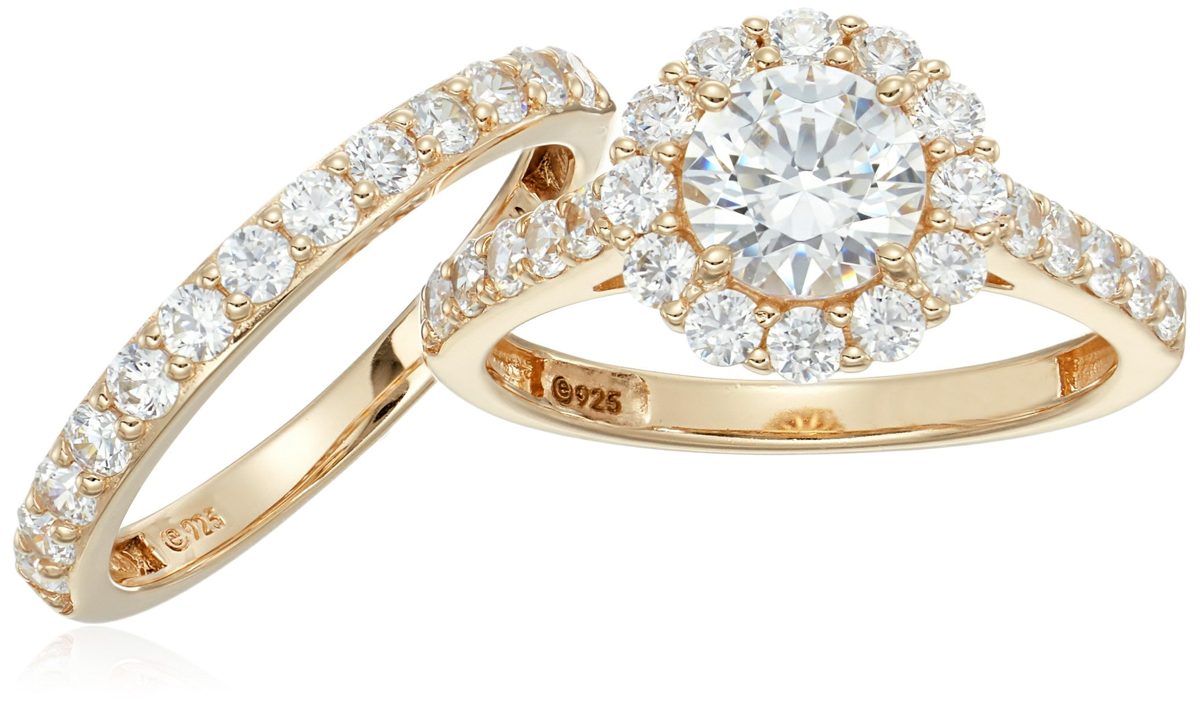 Yellow Gold-Plated Sterling Silver Swarovski Zirconia Flower Halo Ring, Size 8