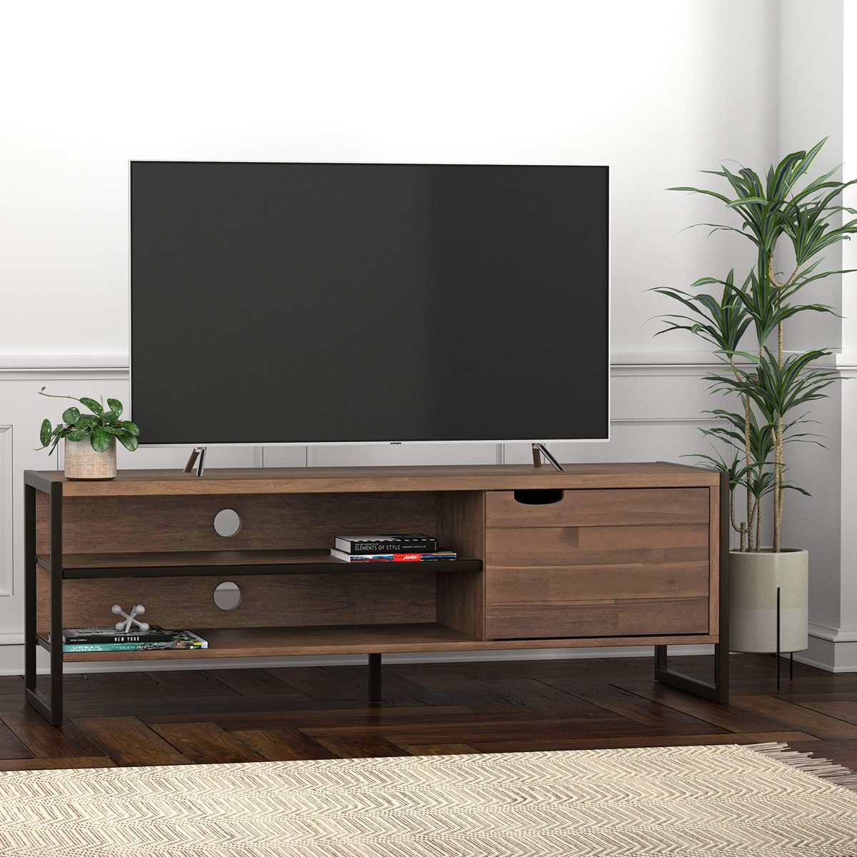 Amazon Brand – Rivet Roxmere Mid-Century Modern TV Media Console Center Stand, 59"W, Acacia Wood &amp; Dark Metal
