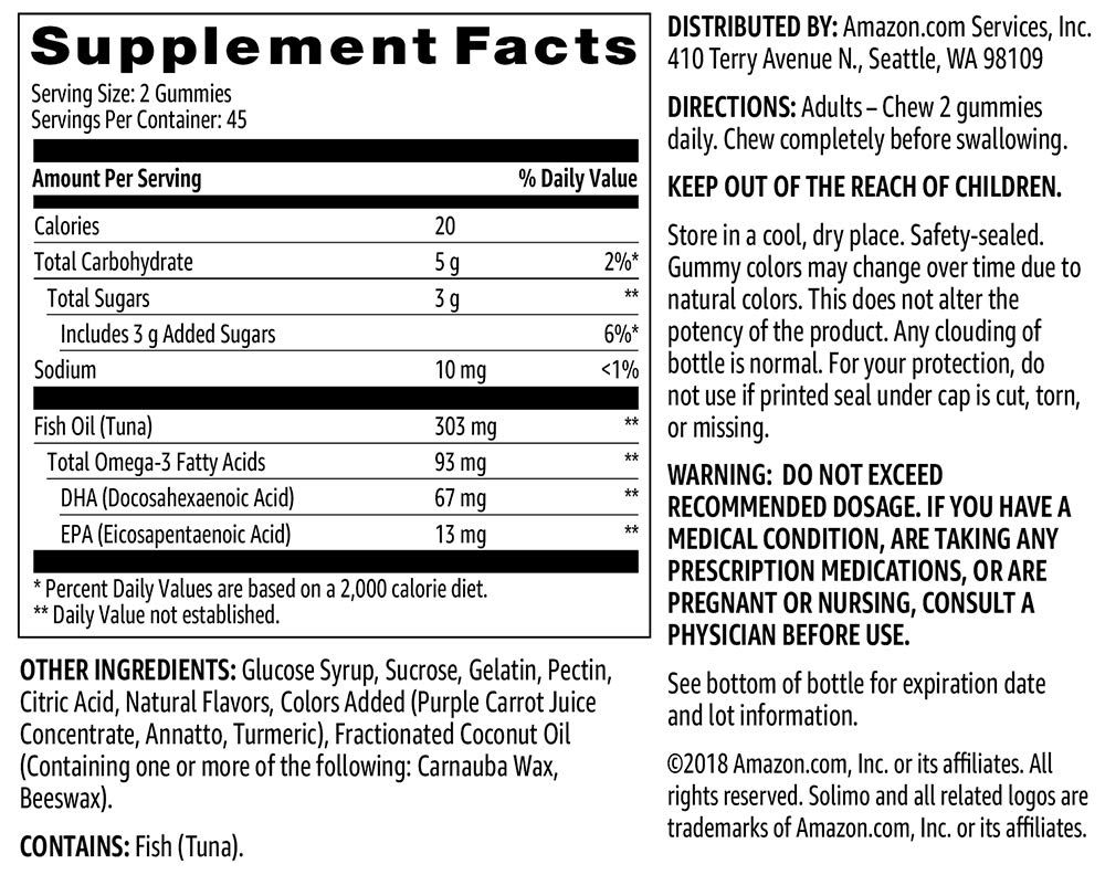 Amazon Brand - Solimo Fish Oil 303 mg, 90 Gummies (2 Gummies per Serving), EPA and DHA Omega-3 fatty acids
