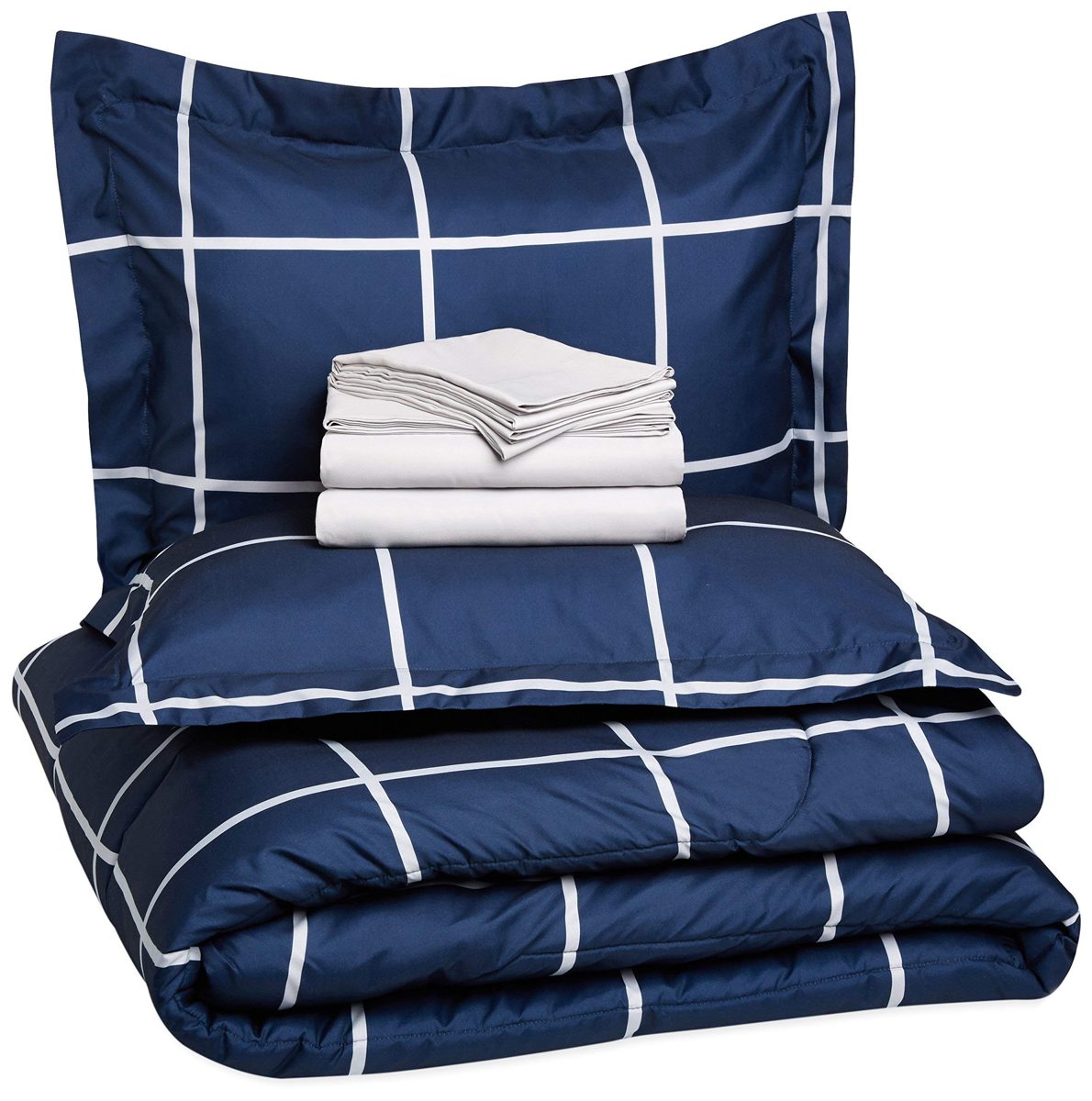AmazonBasics 7-Piece Bed-in-A-Bag - Full/Queen, Navy Simple Plaid (Renewed)