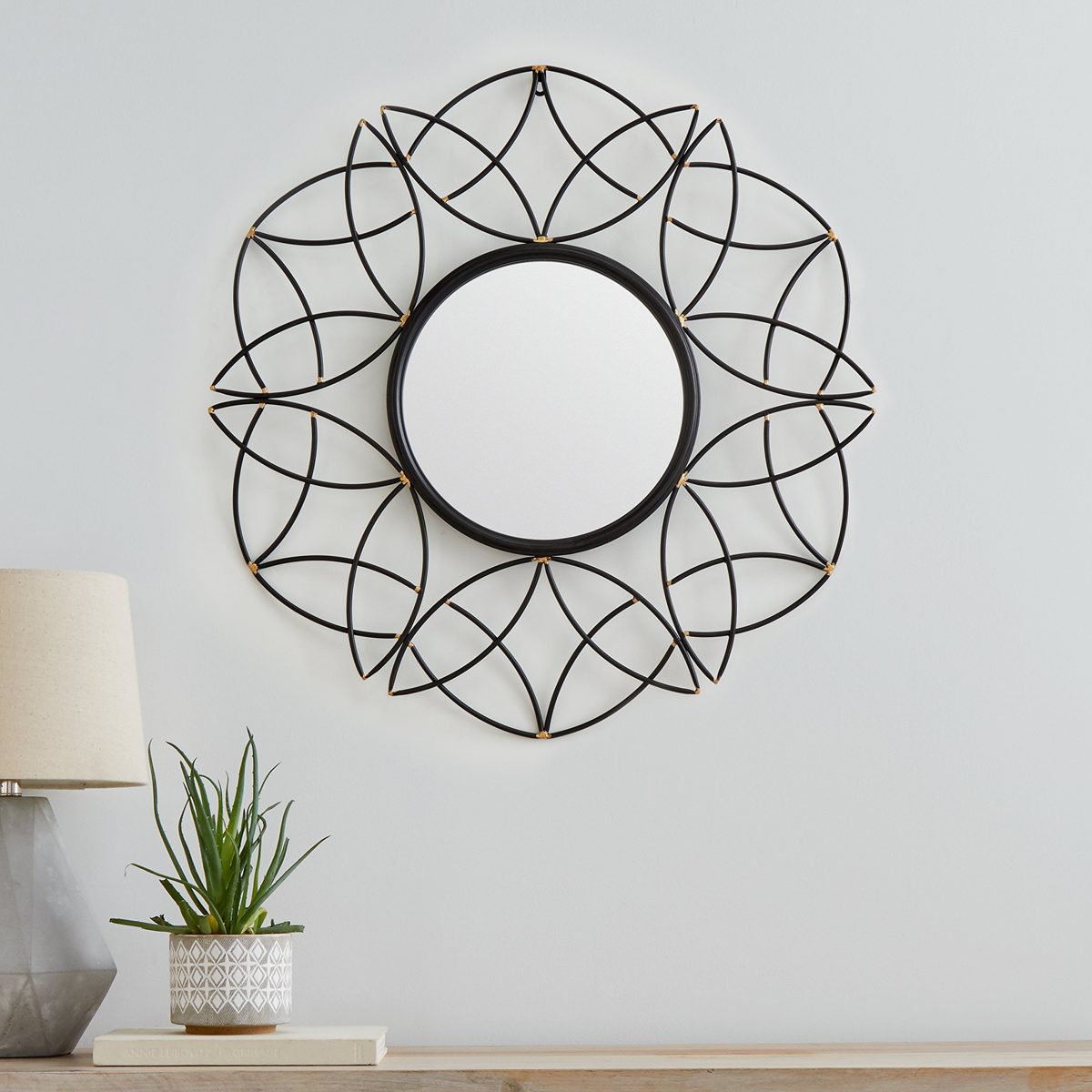 Amazon Brand – Rivet Modern Metal Floral Pattern Round Hanging Wall Mirror, 30.5 Inch Height, Black