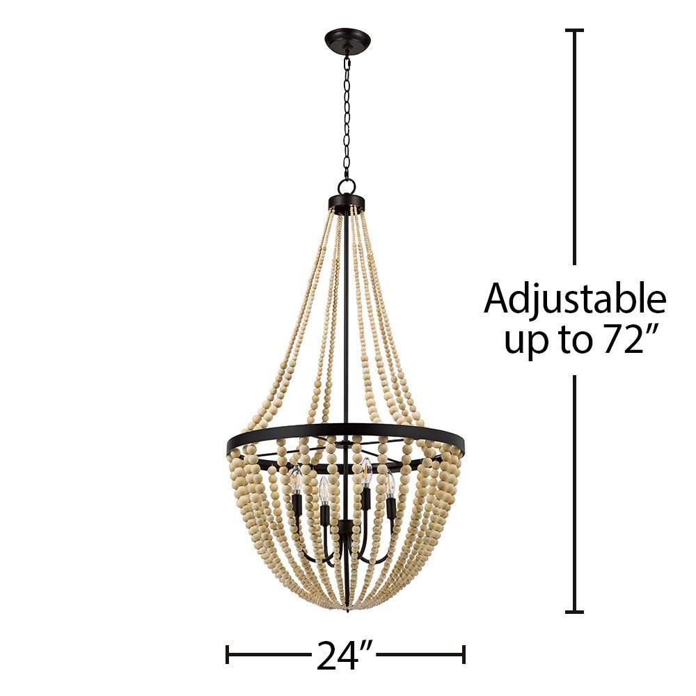 Amazon Brand – Stone & Beam Modern Farmhouse Wood Bead Chandelier Ceiling Fixture With 4 LED Light Bulbs - 24 x 24 x 45.5 Inches, Natural