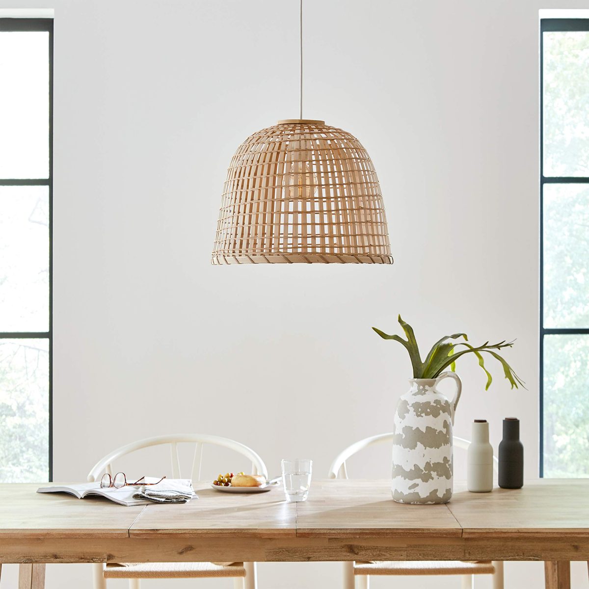 Stone & Beam Modern Round Rattan Pendant with Bulb, 85.6"H, Natural