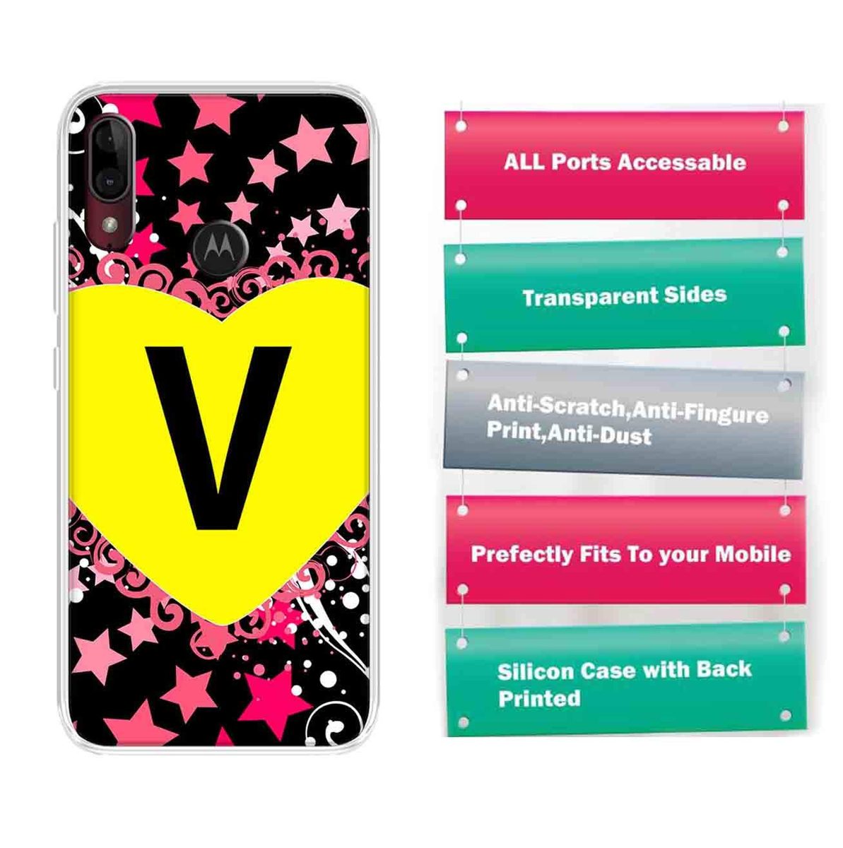 Amazon Brand - Solimo Designer Multicolor Heart Pattern Alphabet-V Printed Soft Back Case Mobile Cover for Motorola Moto E6s / Motorola Moto E6 Plus