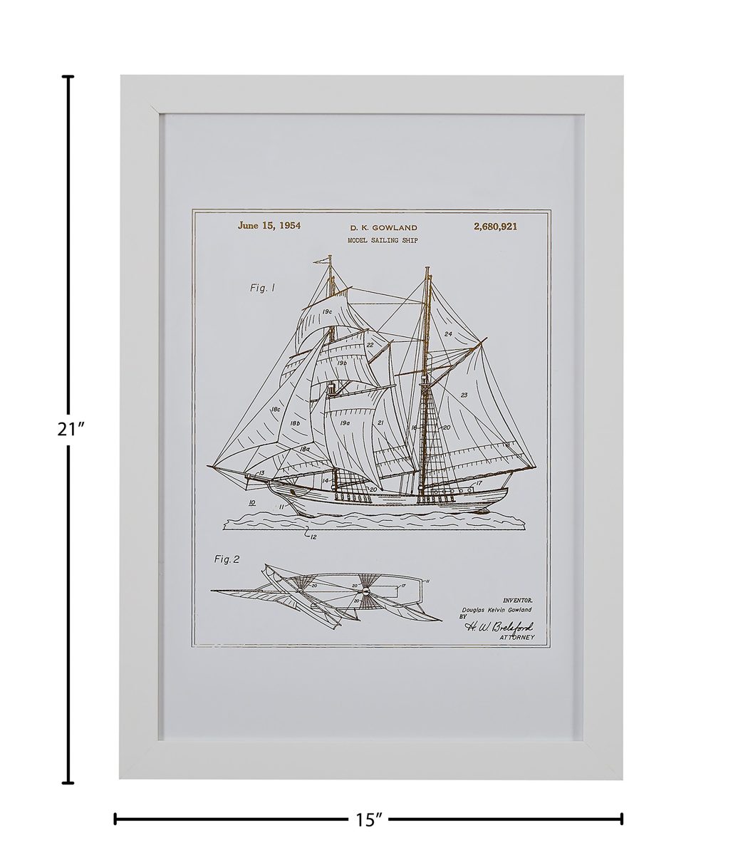 Amazon Brand – Stone & Beam Modern Gold Ink Reprint of Sailing Ship Patent, White Frame, 15" x 21"