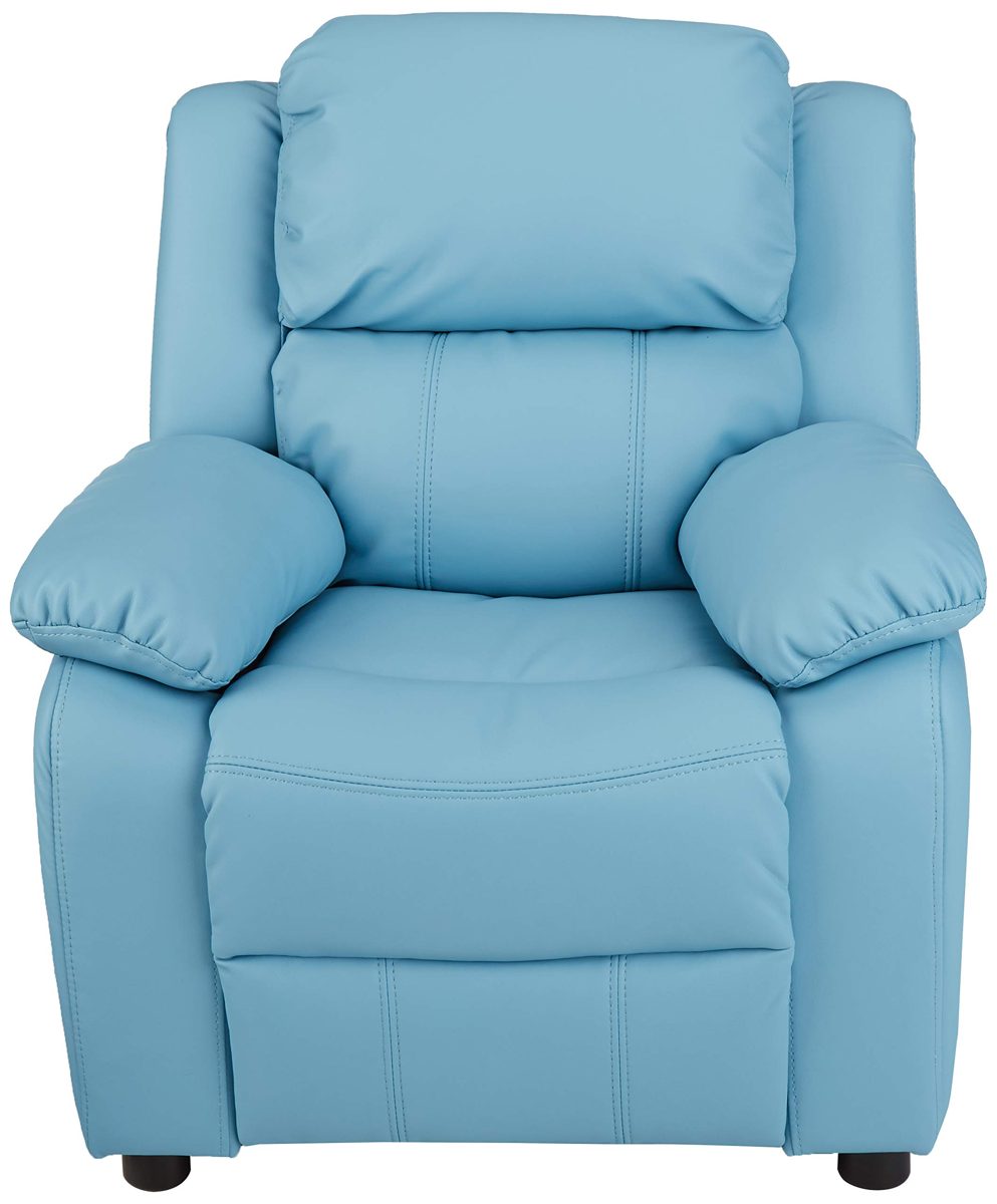 AmazonBasics LeatherSoft Kids/Youth Recliner with Armrest Storage, 5+ Age Group, Light Blue