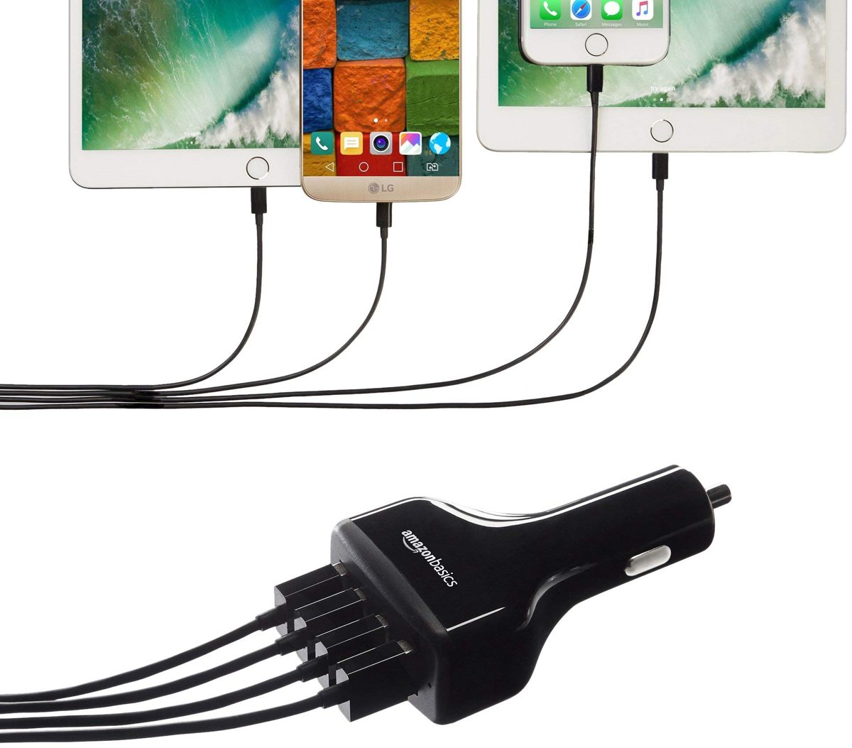 AmazonBasics 4-Port USB Car Charger for Apple & Android Devices, 9.6A/48W, Black (Renewed)