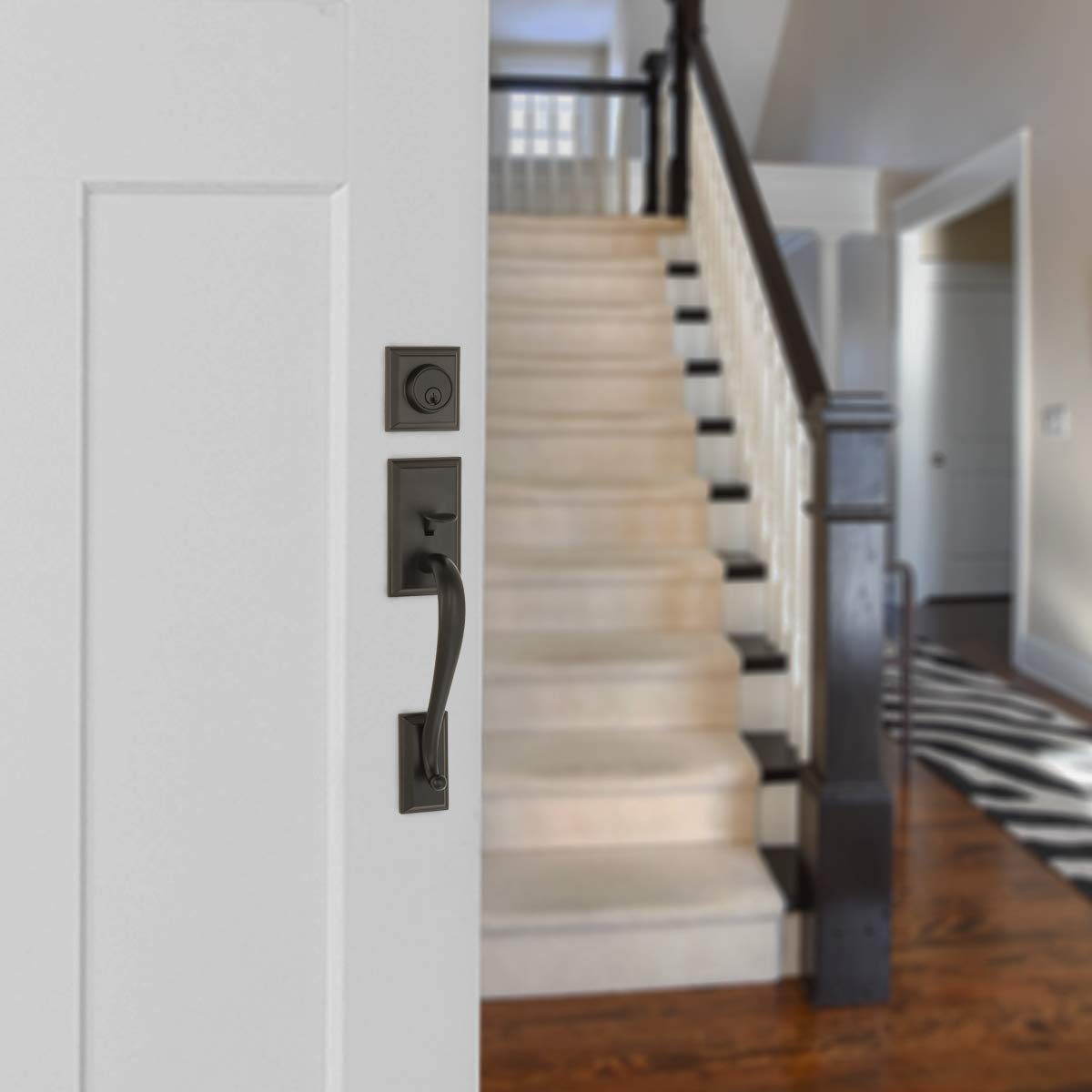 AmazonBasics Modern Handle Set and Deadbolt - Wave Door Lever - Matte Black