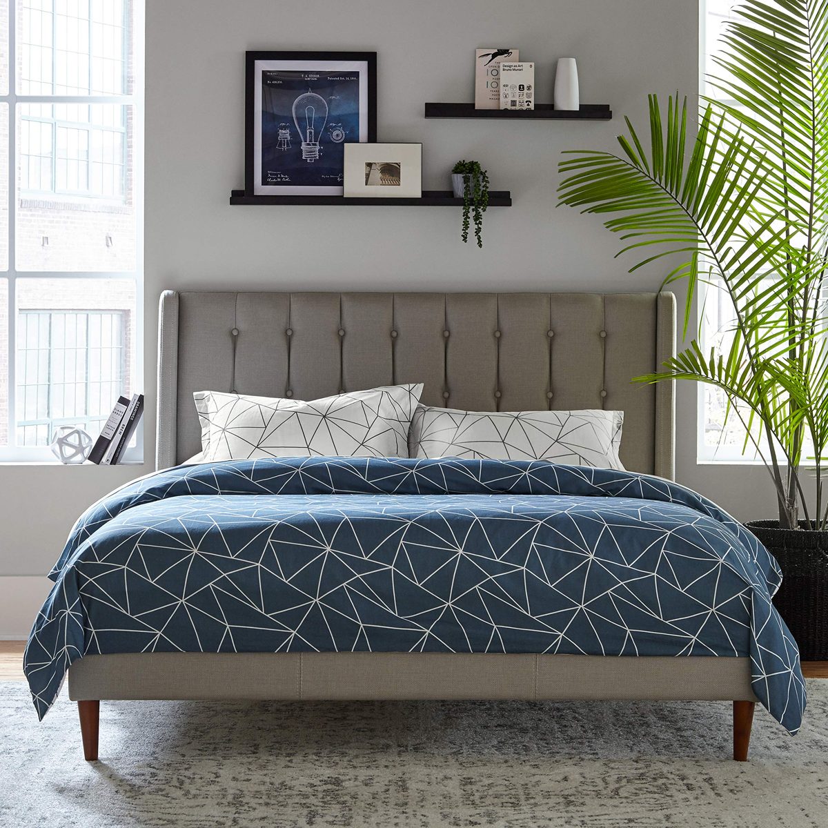 Amazon Brand – Rivet Hillmoor Mid-Century Queen Bed with Headboard, 66"W, Light Gray