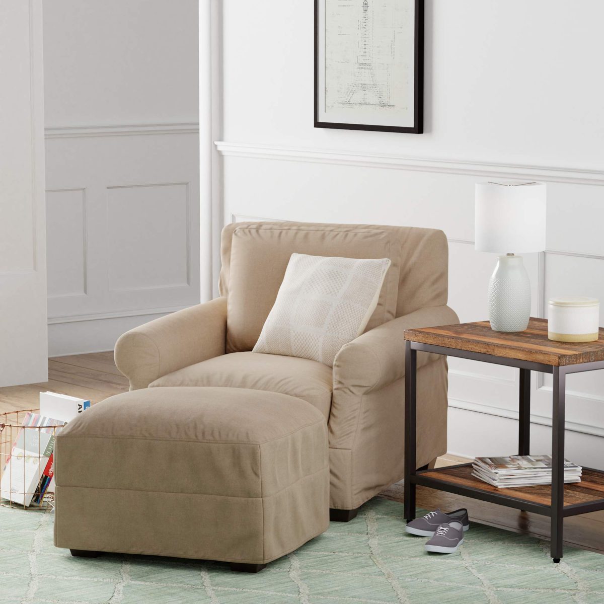 Amazon Brand – Stone & Beam Conner Slipcover Ottoman, 28"W, Linen