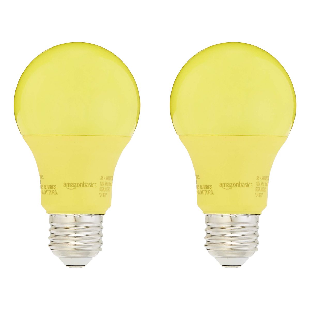 AmazonBasics 60 Watt Equivalent, Non-Dimmable, A19 LED Light Bulb | Yellow, 2-Pack