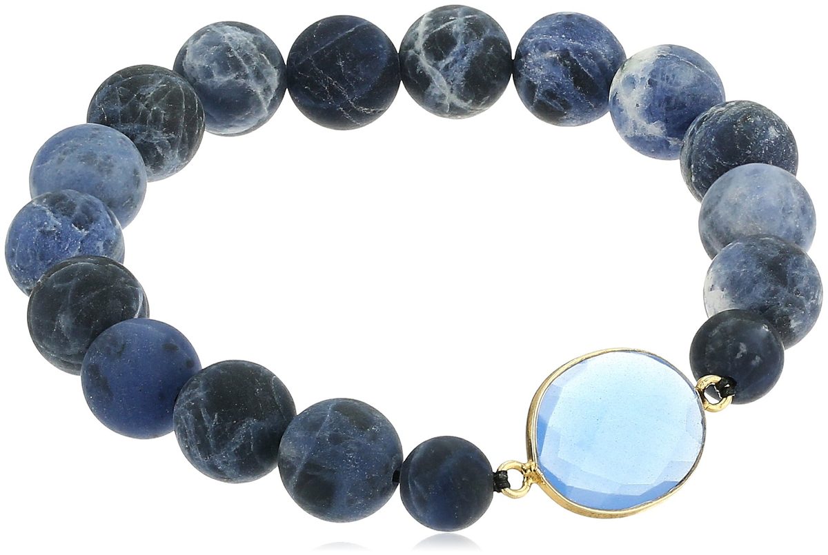 Sodalite with Blue Onyx Bezel Bead Accent Stretch Bracelet, 7.5"