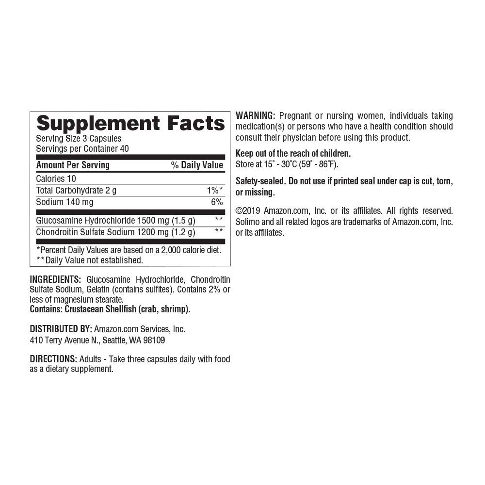Amazon Brand - Solimo Glucosamine 1500 mg with Chondroitin 1200 mg, 120 Capsules (3 Capsules per Serving)