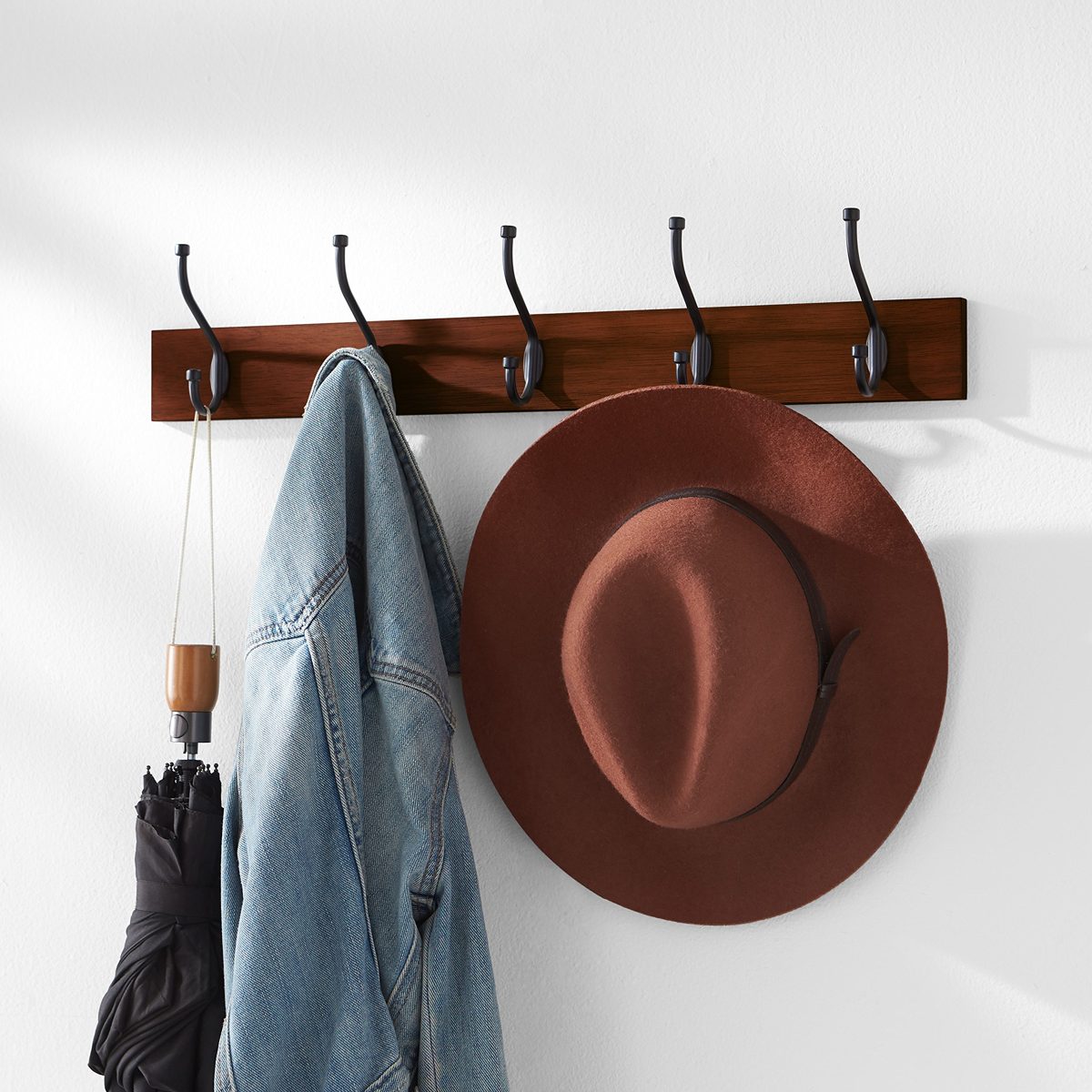 AmazonBasics Wall-Mounted Farmhouse Coat Rack, 5 Standard Hooks, Light Walnut