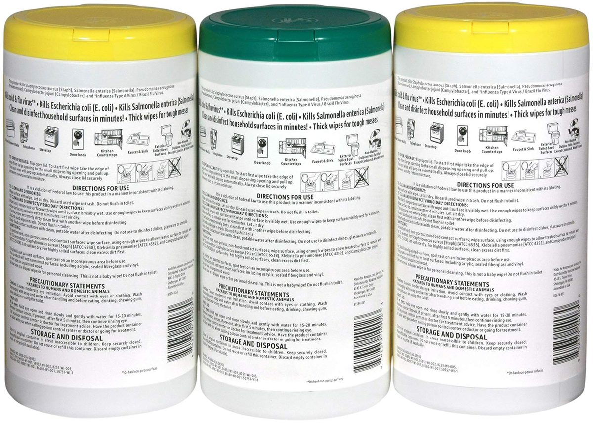 Amazon Brand - Solimo Hand Sanitizer with Vitamin E, 32 Fl Oz (Pack of 4) & Solimo Disinfecting Wipes, Lemon Scent & Fresh Scent, 75 Wipes Each (Pack of 3)