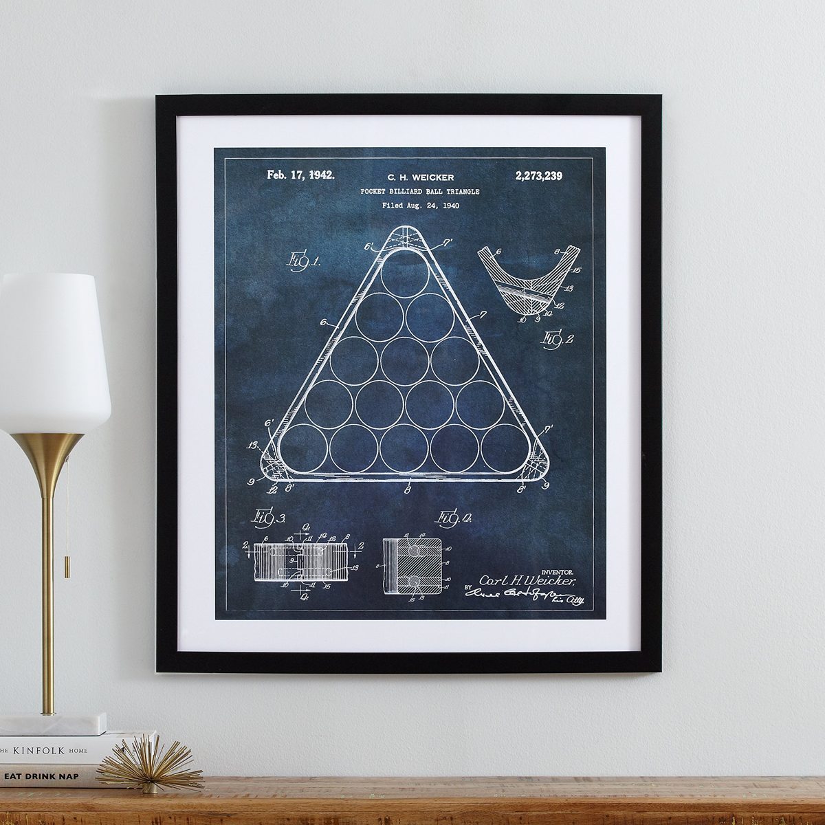 Amazon Brand – Stone & Beam Modern Dark Blue Print, Billiard Rack Patent Wall Art, in Black Frame, 28" x 34"