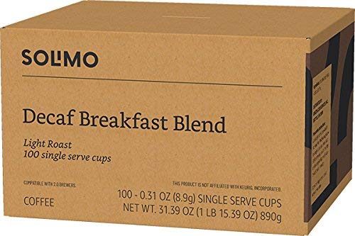 Amazon Brand - 100 Ct. Solimo Decaf Light Roast Coffee Pods, Breakfast Blend, Compatible with Keurig 2.0 K-Cup Brewers