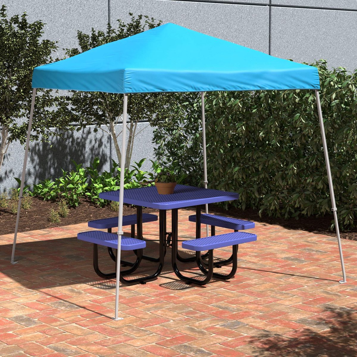 AmazonBasics Outdoor One-push Pop Up Canopy, 8ft x 8ft Top Slant Leg with Wheeled Carry, Blue