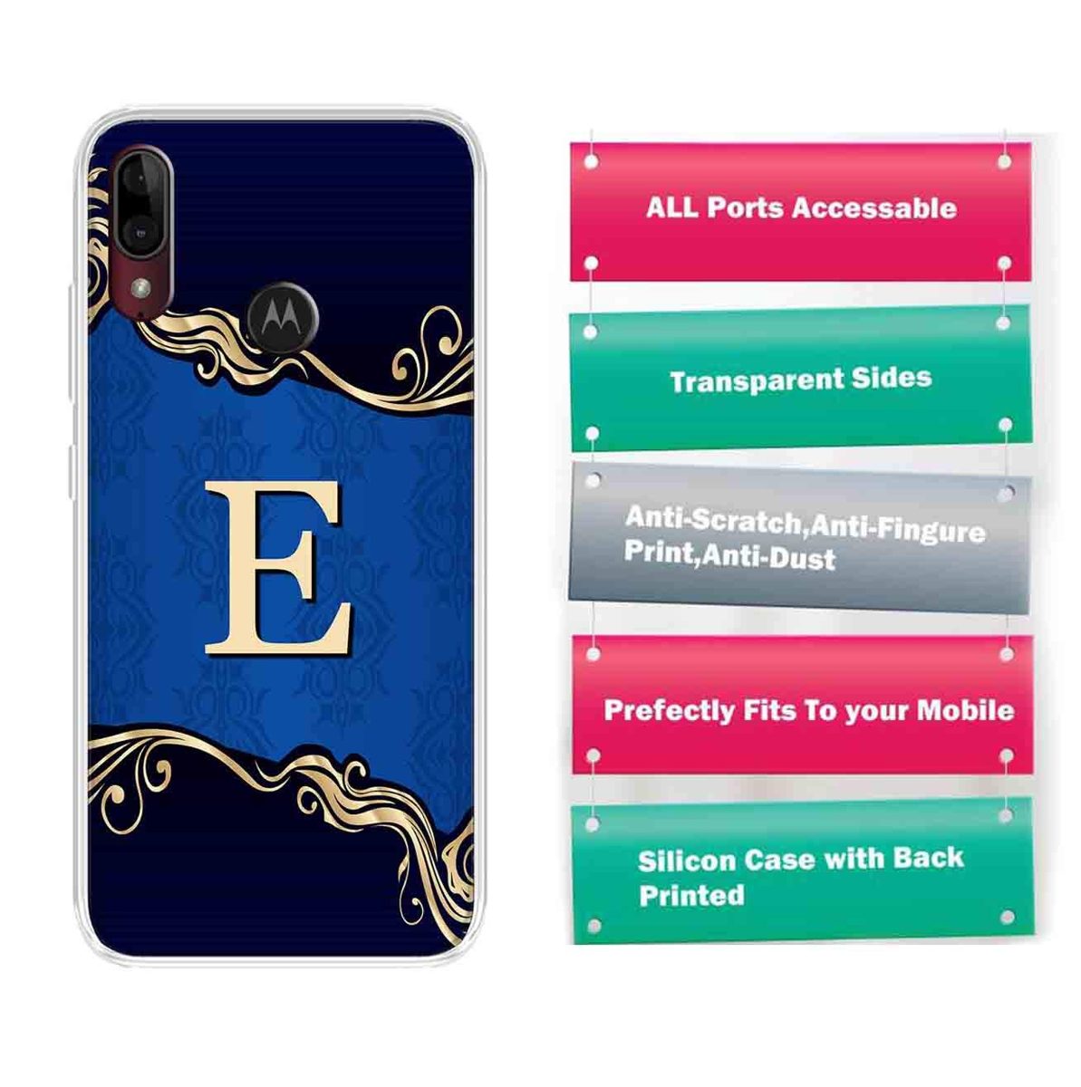 Amazon Brand - Solimo Designer Multicolor Blue Pattern Alphabet-E Printed Soft Back Case Mobile Cover for Motorola Moto E6s / Motorola Moto E6 Plus