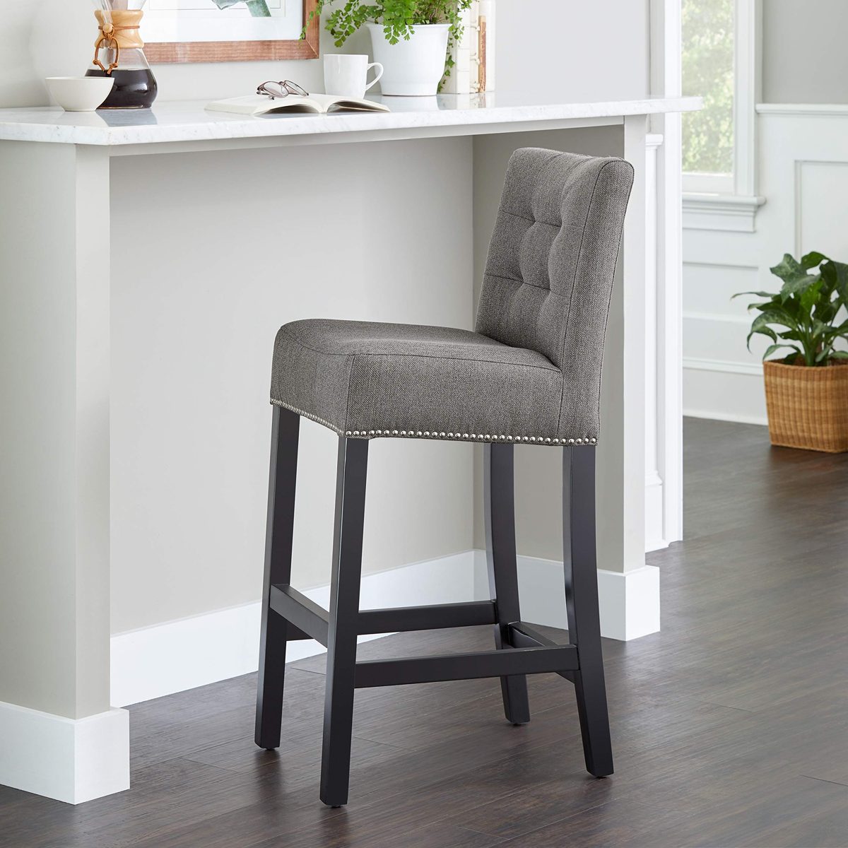 Amazon Brand – Ravenna Home Scott Tufted Back Bar Stool, 41.5"H, Zinc