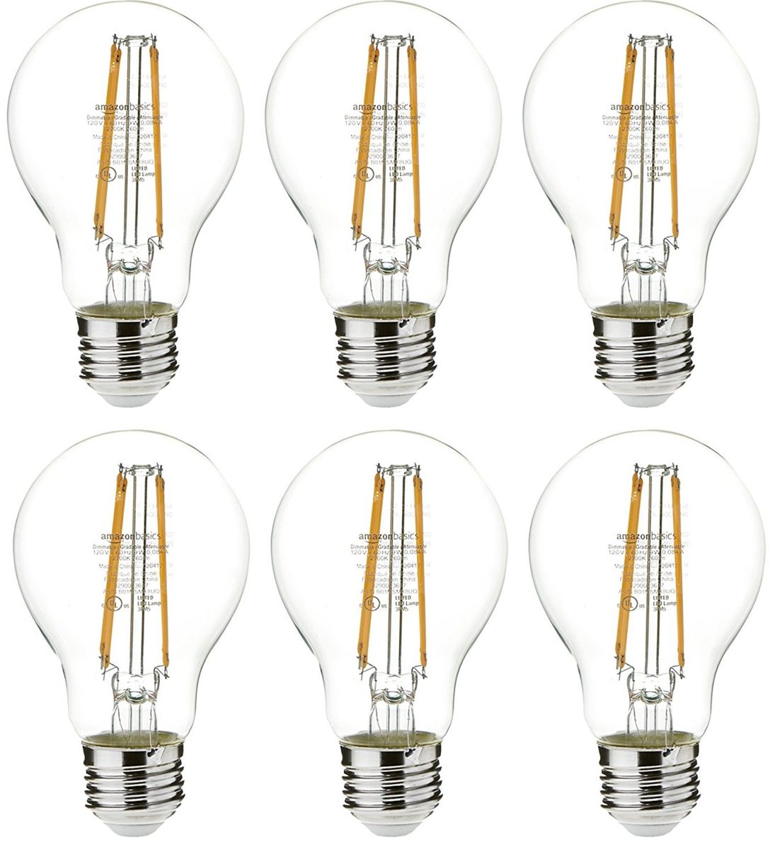 AmazonBasics 60 Watt Equivalent, Clear, Soft White, Non-Dimmable, 15,000 Hour Lifetime, A19 LED Light Bulb | 6-Pack