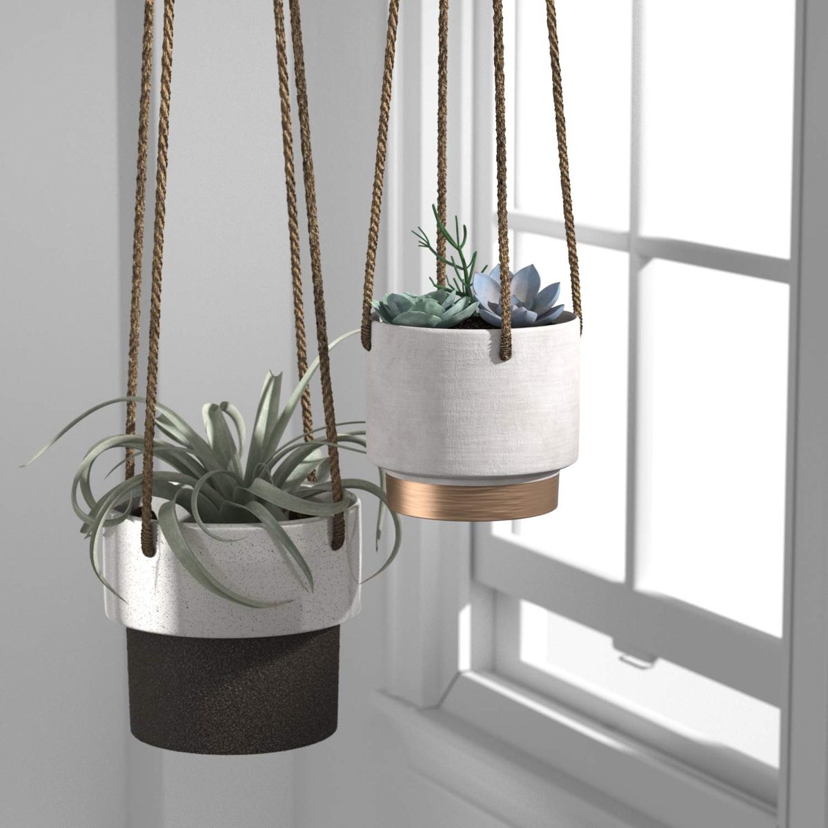 Amazon Brand – Rivet Mid-Century Modern Stoneware Indoor Hanging Planter Flower Pot with Rope, 5.5"H, Grey and Gold