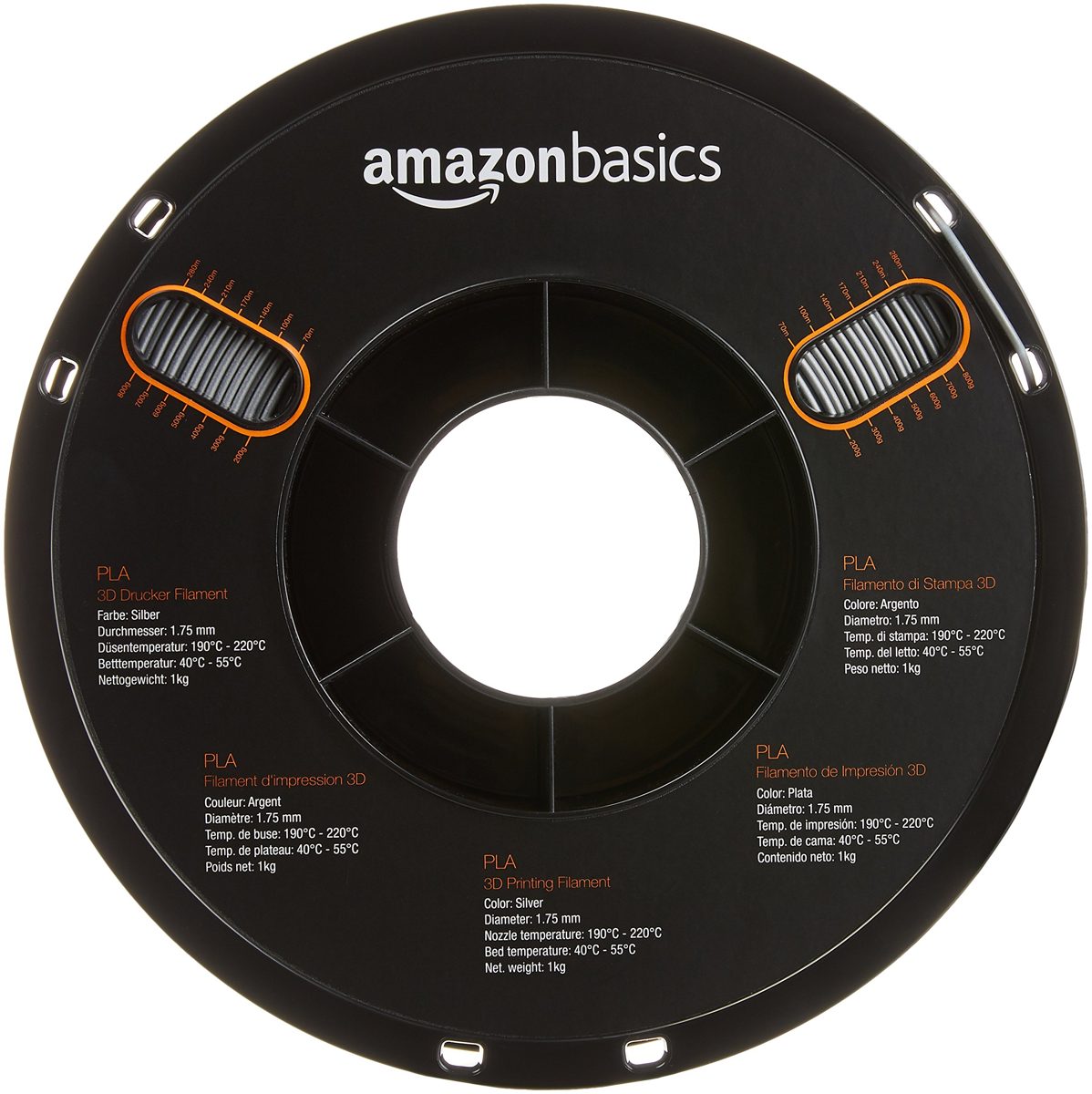 AmazonBasics PLA 3D Printer Filament, 1.75mm, Silver, 1 kg Spool